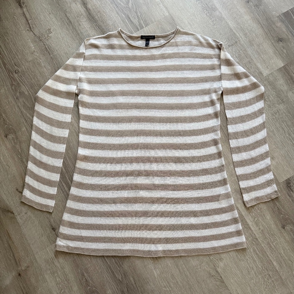 EILEEN FISHER Women’s Tan & White Stripe Organic Cotton Linen Sweater Size XS